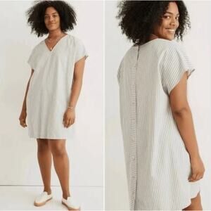 Madewell Button-Back Easy Dress Size S York Stripe Sage Mist Relaxed Boxy Summer